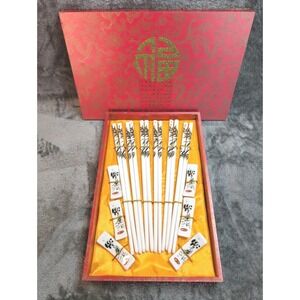 Asian Chopsticks Set with Panda Ceramic Holders, Red &‎ Gold Gift Box